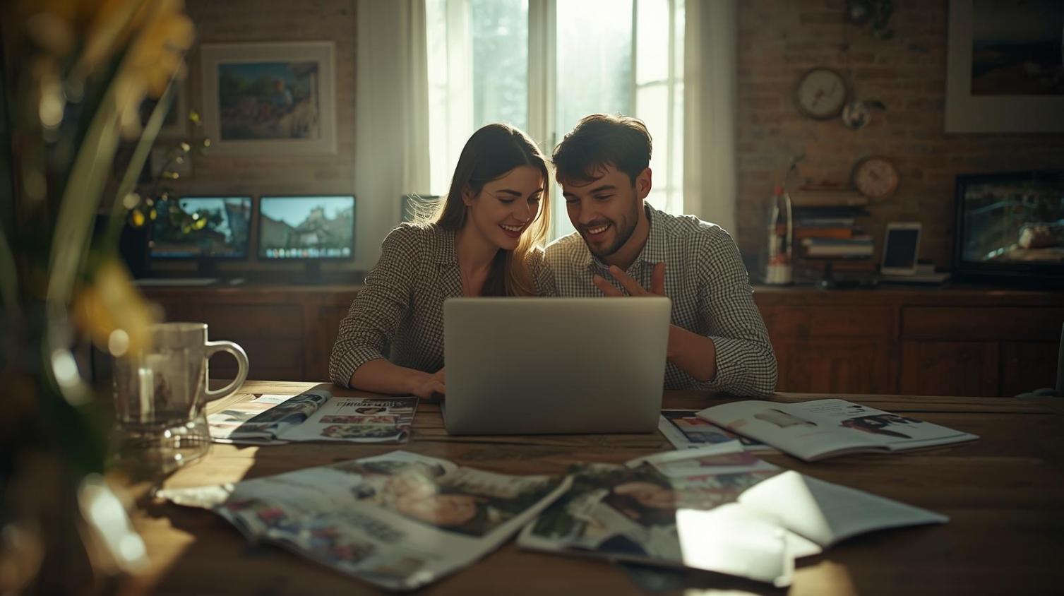 Happy couple planning wedding at home with laptop and scattered papers.