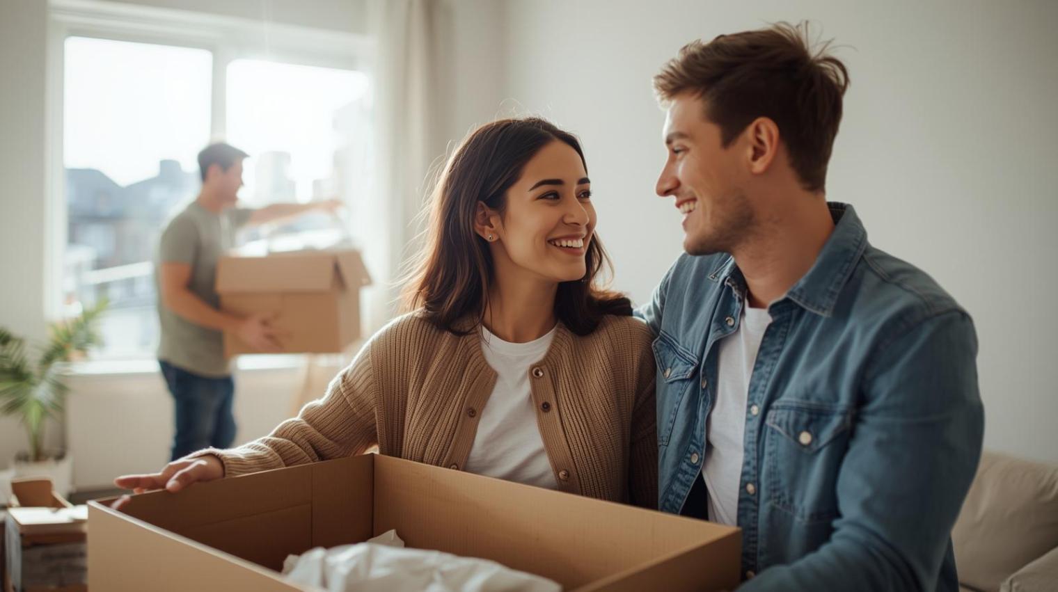 Happy immigrant couple unpacking boxes with movers in bright Astoria apartment.