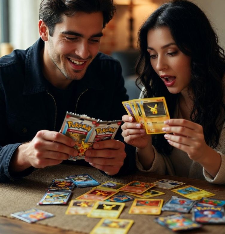 Couple opening Pokémon booster packs together at a cozy table with cards scattered around
